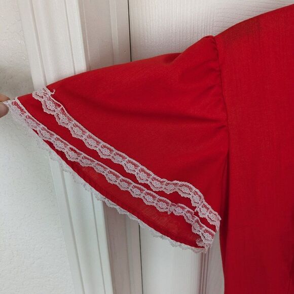 Vintage Rockmount Ranch Wear Dress - 16 - Red & Rainbow w/ Ruffles, Bows, Lace - Picture 11 of 15